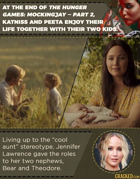 AT THE END OF THE HUNGER GAMES: MOCKINGJAY - PART 2, KATNISS AND PEETA ENJOY THEIR LIFE TOGETHER WITH THEIR TWO KIDS. Living up to the cool aunt stereotype, Jennifer Lawrence gave the roles to her two nephews, Bear and Theodore. CRACKED.COM
