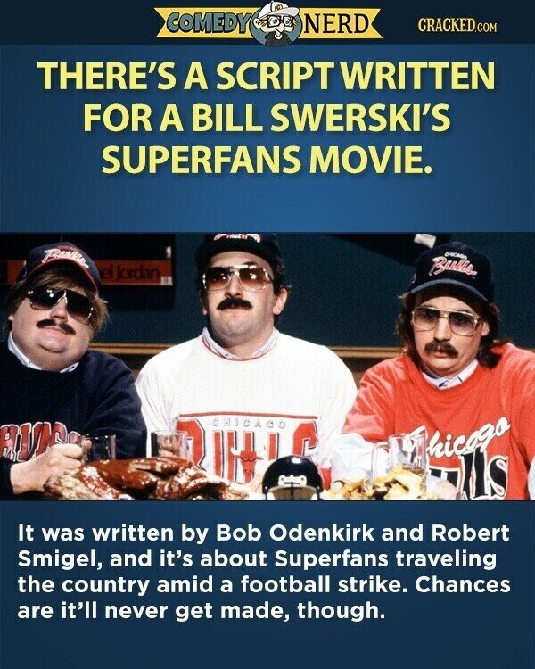 COMEDY NERD CRACKED.COM THERE'S A SCRIPT WRITTEN FOR A BILL SWERSKI'S SUPERFANS MOVIE. Banka CHICAGO Russ el Jordan CHICAGO au RIHIS Chicago oils It was written by Bob Odenkirk and Robert Smigel, and it's about Superfans traveling the country amid a football strike. Chances are it'll never get made, though.