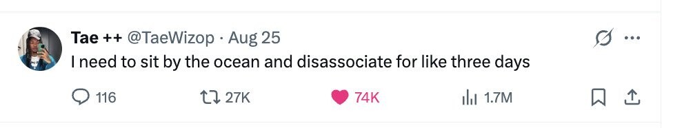 Tae ++ @TaeWizop Aug 25 I need to sit by the ocean and disassociate for like three days 116 27K 74K dil 1.7M 