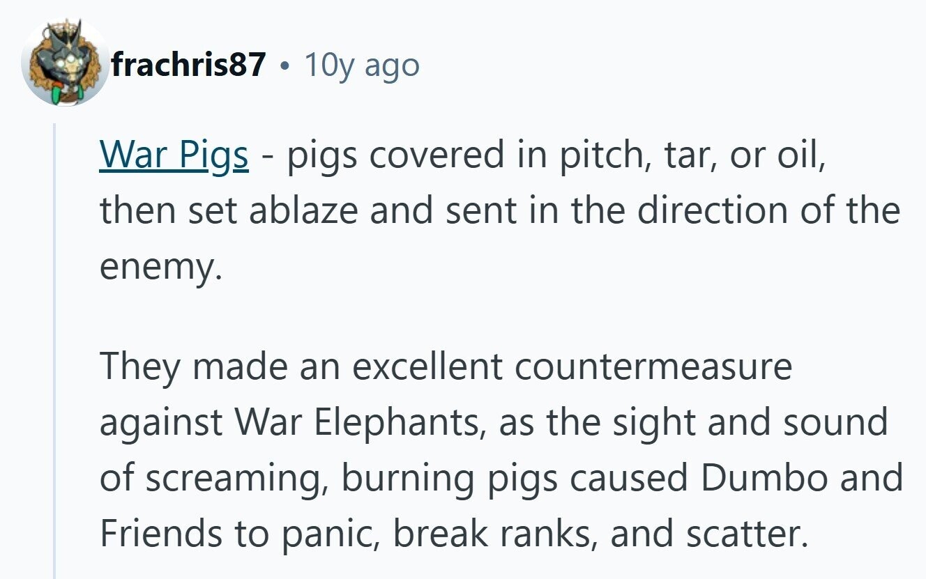 frachris87 10y ago War Pigs - pigs covered in pitch, tar, or oil, then set ablaze and sent in the direction of the enemy. They made an excellent countermeasure against War Elephants, as the sight and sound of screaming, burning pigs caused Dumbo and Friends to panic, break ranks, and scatter. 