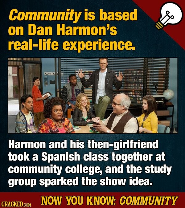 Community is based on Dan Harmon's real-life experience. COPY R Harmon and his then-girlfriend took a Spanish class together at community college, and the study group sparked the show idea. NOW YOU KNOW: COMMUNITY CRACKED.COM