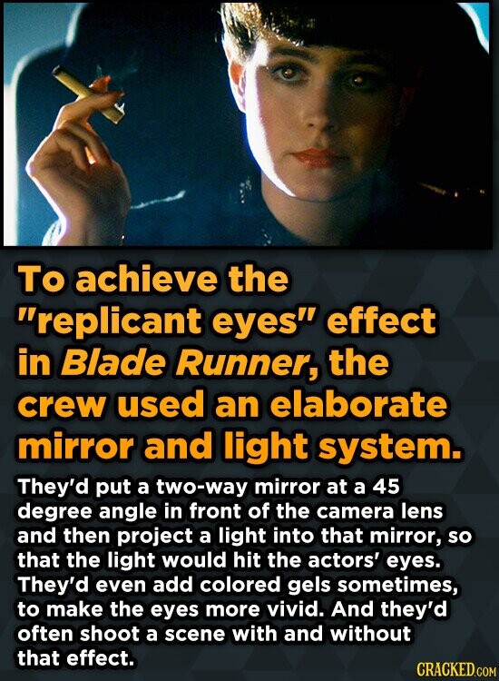 To achieve the replicant eyes effect in Blade Runner, the crew used an elaborate mirror and light system. They'd put a two-way mirror at a 45 degree angle in front of the camera lens and then project a light into that mirror, so that the light would hit the actors' eyes. They'd even add colored gels sometimes, to make the eyes more vivid. And they'd often shoot a scene with and without that effect. CRACKED.COM