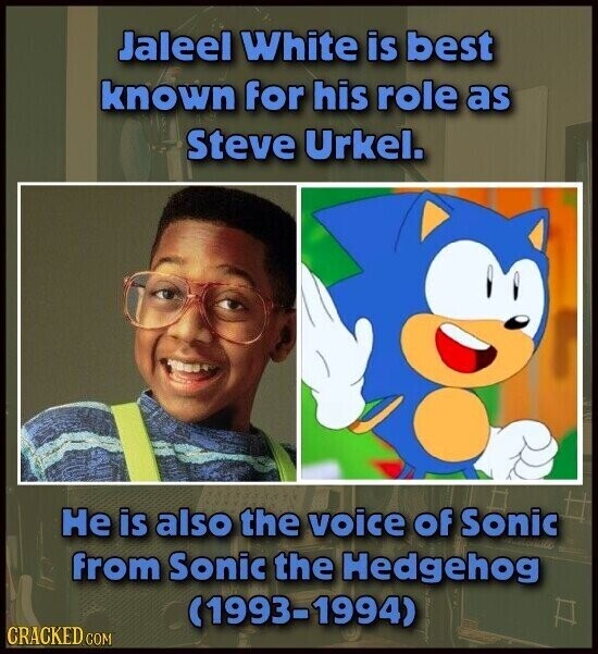 Jaleel White is best known for his role as Steve Urkel. Не is also the voice of Sonic from Sonic the Hedgehog (1993-1994) CRACKED COM