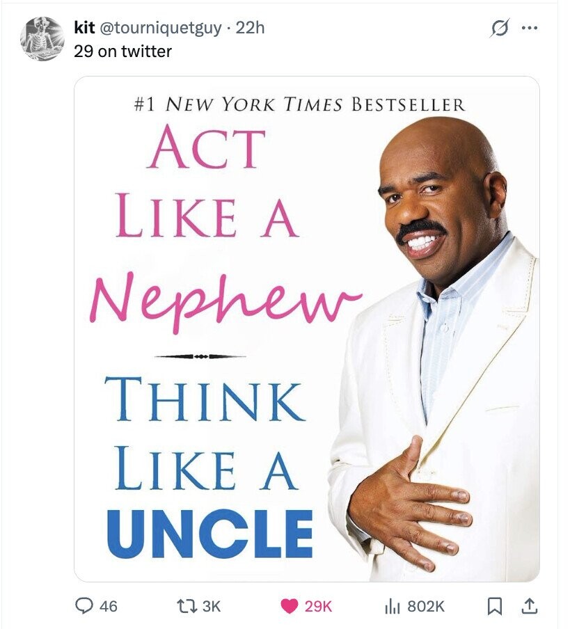 kit @tourniquetguy.22h s ... 29 on twitter #1 NEW YORK TIMES BESTSELLER ACT LIKE A Nephew THINK LIKE A UNCLE 3K 29K 46 802K