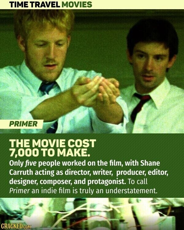 TIME TRAVEL MOVIES PRIMER THE MOVIE COST 7,000 TO MAKE. Only five people worked on the film, with Shane Carruth acting as director, writer, producer, editor, designer, composer, and protagonist. To call Primer an indie film is truly an understatement. CRACKED.COM
