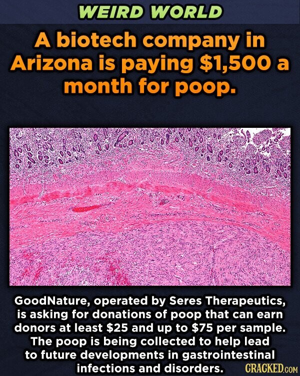 WEIRD WORLD A biotech company in Arizona is paying $1,500 a month for poop. GoodNature, operated by Seres Therapeutics, is asking for donations of poop that can earn donors at least $25 and up to $75 per sample. The poop is being collected to help lead to future developments in gastrointestinal infections and disorders. CRACKED.COM