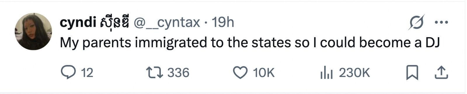 cyndi risa @_cyntax.1 19h ... My parents immigrated to the states so I could become a DJ 12 336 10K 230K 