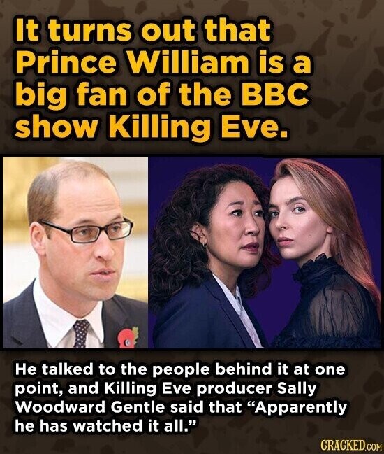 It turns out that Prince William is a big fan of the BBC show Killing Eve. Не talked to the people behind it at one point, and Killing Eve producer Sally Woodward Gentle said that Apparently he has watched it all. CRACKED.COM