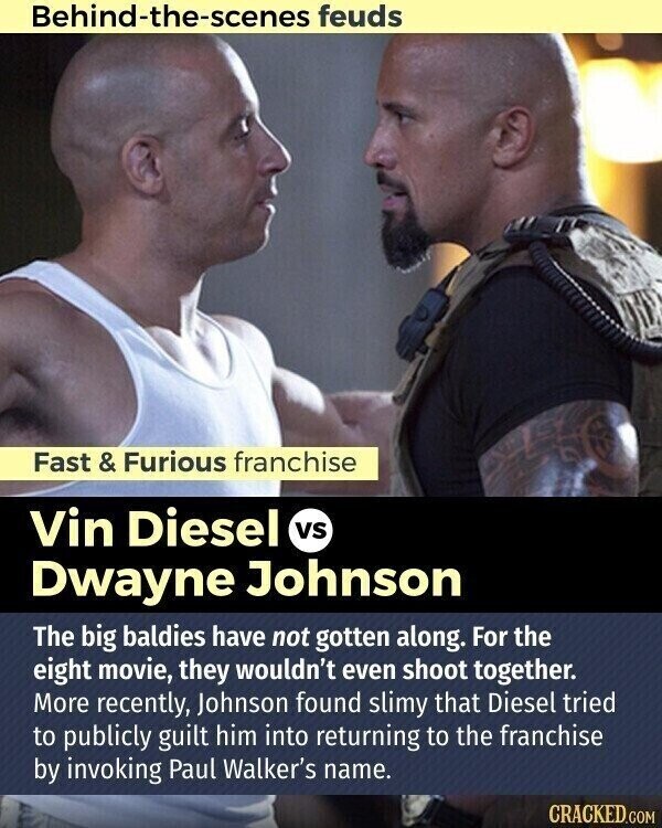 Behind-the-scenes feuds Fast & Furious franchise Vin Diesel vs Dwayne Johnson The big baldies have not gotten along. For the eight movie, they wouldn't even shoot together. More recently, Johnson found slimy that Diesel tried to publicly guilt him into returning to the franchise by invoking Paul Walker's name. CRACKED.COM