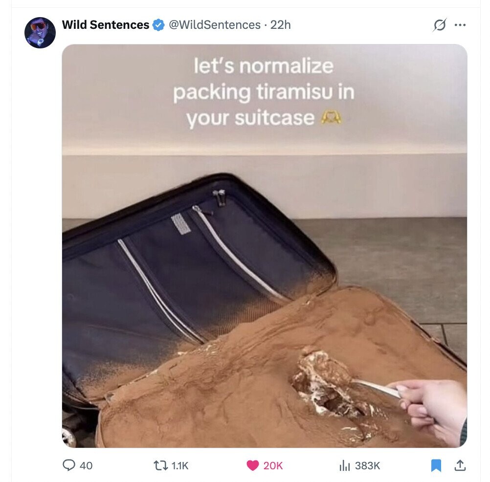 Wild Sentences @WildSentences . 22h s ... let's normalize packing tiramisu in your suitcase 40 1.1K 20K del 383K 