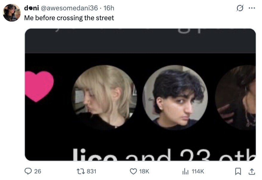 G ... doni @awesomedani36 16h Me before crossing the street lice and 23 pth 26 831 18K dil 114K 