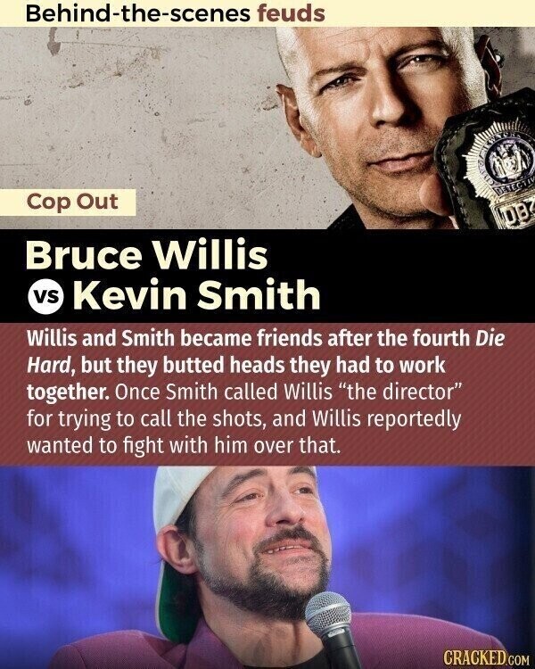 Behind-the-scenes feuds CITTA DETECTIVE Cop Out DB Bruce Willis vs Kevin Smith Willis and Smith became friends after the fourth Die Hard, but they butted heads they had to work together. Once Smith called Willis the director for trying to call the shots, and Willis reportedly wanted to fight with him over that. CRACKED.COM
