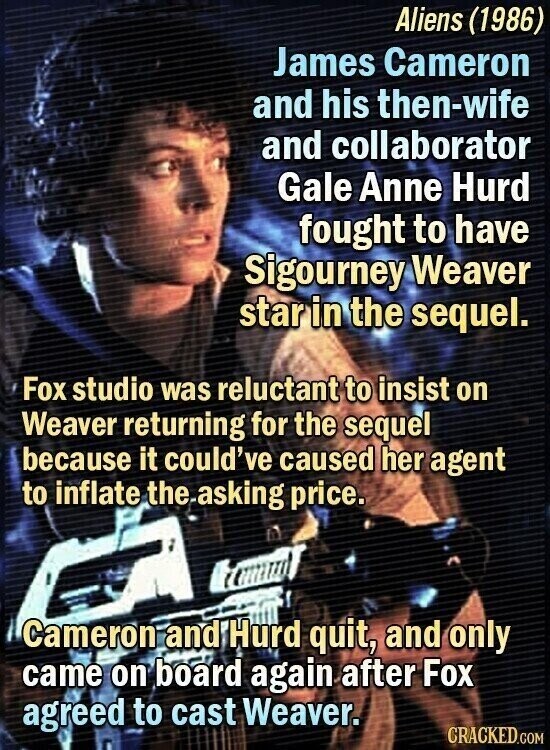 Aliens (1986) James Cameron and his then-wife and collaborator Gale Anne Hurd fought to have Sigourney Weaver star in the sequel. Fox studio was reluctant to insist on Weaver returning for the sequel because it could've caused her agent to inflate the asking price. Cameron and Hurd quit, and only came on board again after Fox agreed to cast Weaver. CRACKED.COM