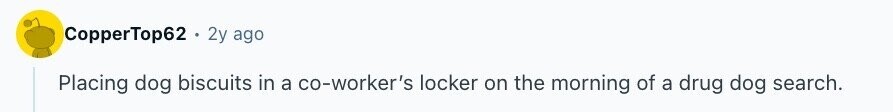 CopperTop62 2y ago Placing dog biscuits in a co-worker's locker on the morning of a drug dog search.