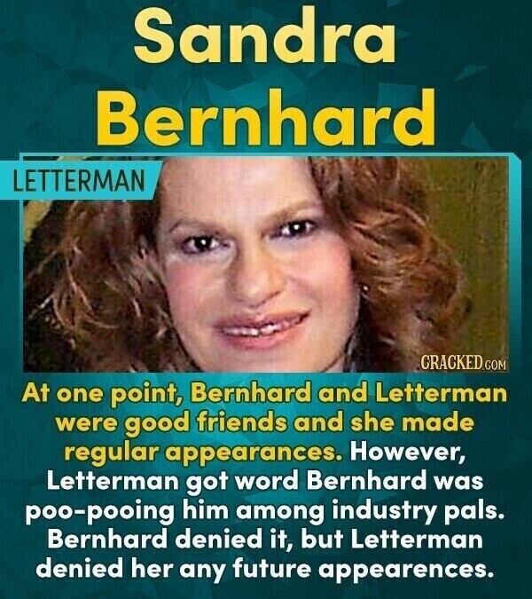 Sandra Bernhard LETTERMAN CRACKED.COM At one point, Bernhard and Letterman were good friends and she made regular appearances. However, Letterman got word Bernhard was poo-pooing him among industry pals. Bernhard denied it, but Letterman denied her any future appearences.