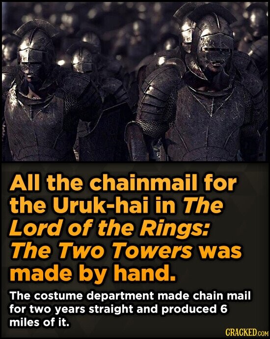 All the chainmail for the Uruk-hai in The Lord of the Rings: The Two Towers was made by hand. The costume department made chain mail for two years straight and produced 6 miles of it. CRACKED.COM