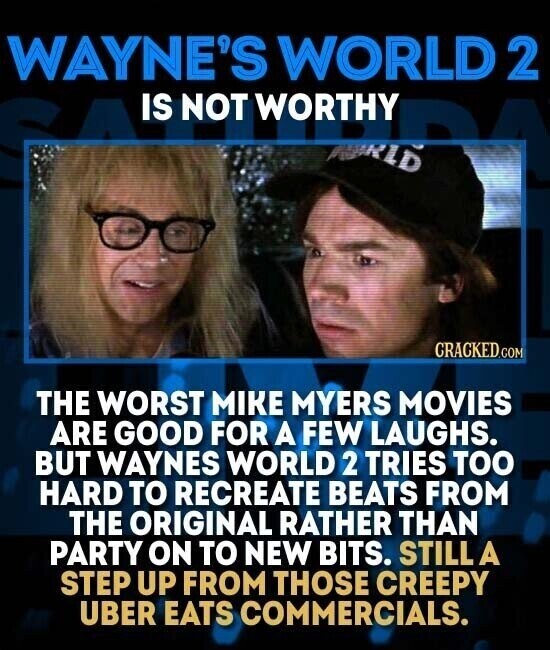 WAYNE'S WORLD 2 IS NOT WORTHY WORLD CRACKED.COM THE WORST MIKE MYERS MOVIES ARE GOOD FOR A FEW LAUGHS. BUT WAYNES WORLD 2 TRIES TOO HARD TO RECREATE BEATS FROM THE ORIGINAL RATHER THAN PARTY ON TO NEW BITS. STILL A STEP UP FROM THOSE CREEPY UBER EATS COMMERCIALS.