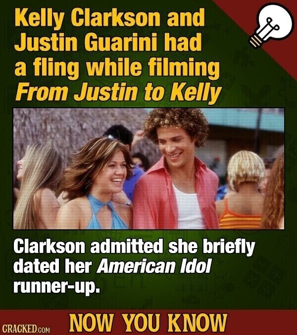Kelly Clarkson and Justin Guarini had a fling while filming From Justin to Kelly Clarkson admitted she briefly dated her American Idol runner-up. NOW YOU KNOW CRACKED.COM