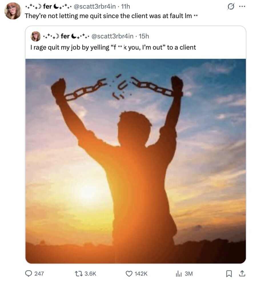 +++++ fer @scatt3rbr4in 11h G ... They're not letting me quit since the client was at fault Im ** +++++ fer @scatt3rbr4in . 15h I rage quit my job by yelling f**k you, I'm out to a client 247 3.6K 142K 3M 