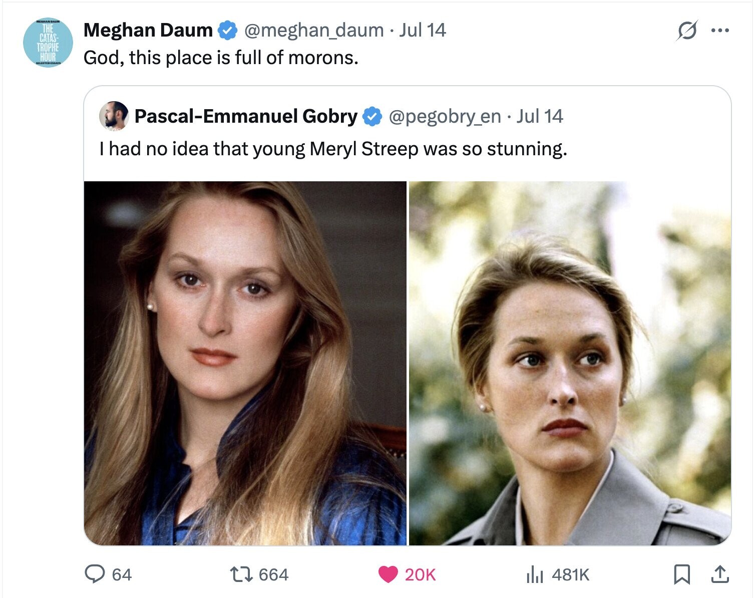 THE G Meghan Daum @meghan_daum Jul 14 ... CATAS- TROPHE HOUR God, this place is full of morons. Pascal-Emmanuel Gobry @pegobry_en Jul 14 I had no idea that young Meryl Streep was so stunning. 664 64 20K 481K