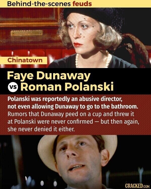 Behind-the-scenes feuds Chinatown Faye Dunaway vs Roman Polanski Polanski was reportedly an abusive director, not even allowing Dunaway to go to the bathroom. Rumors that Dunaway peed on a cup and threw it at Polanski were never confirmed - but then again, she never denied it either. CRACKED.COM