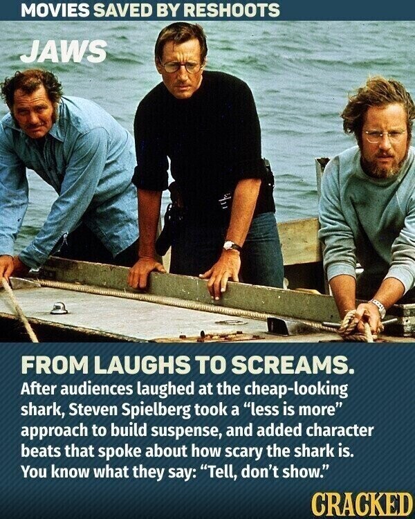 MOVIES SAVED BY RESHOOTS JAWS FROM LAUGHS TO SCREAMS. After audiences laughed at the cheap-looking shark, Steven Spielberg took a less is more approach to build suspense, and added character beats that spoke about how scary the shark is. You know what they say: Tell, don't show. CRACKED