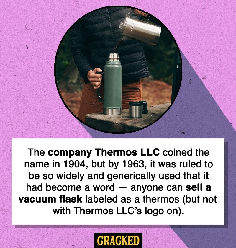NANG The company Thermos LLC coined the name in 1904, but by 1963, it was ruled to be so widely and generically used that it had become a word - anyone can sell a vacuum flask labeled as a thermos (but not with Thermos LLC's logo on). CRACKED