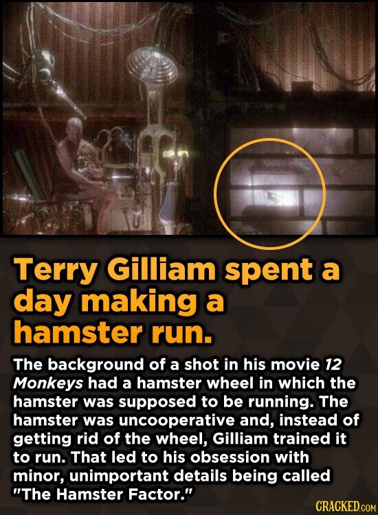 Terry Gilliam spent a day making a hamster run. The background of a shot in his movie 12 Monkeys had a hamster wheel in which the hamster was supposed to be running. The hamster was uncooperative and, instead of getting rid of the wheel, Gilliam trained it to run. That led to his obsession with minor, unimportant details being called The Hamster Factor. CRACKED.COM