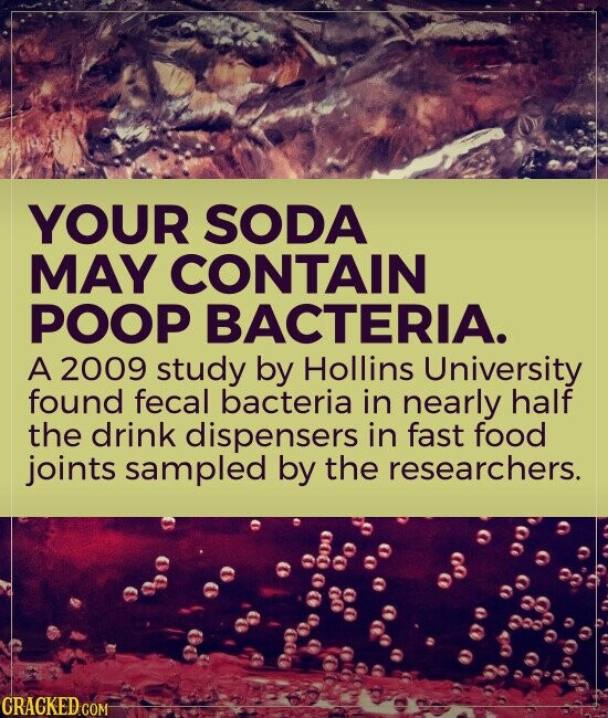 YOUR SODA MAY CONTAIN POOP BACTERIA. A 2009 study by Hollins University found fecal bacteria in nearly half the drink dispensers in fast food joints sampled by the researchers. CRACKED.COM