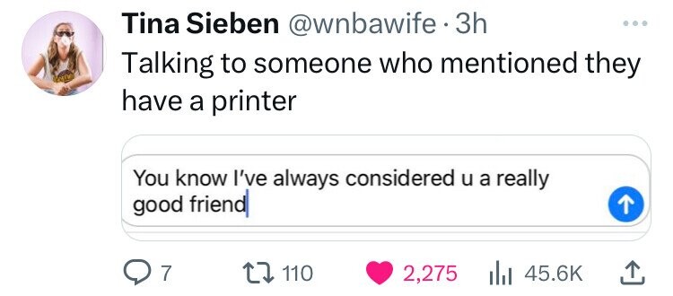 Tina Sieben @wnbawife. 3h ... Talking to someone who mentioned they have a printer You know I've always considered u a really good friend 7 110 2,275 45.6K