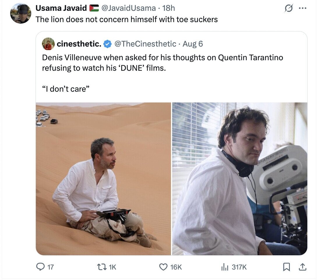 Usama Javaid @JavaidUsama. 18h G ... The lion does not concern himself with toe suckers cinesthetic. @TheCinesthetic Aug 6 Denis Villeneuve when asked for his thoughts on Quentin Tarantino refusing to watch his 'DUNE' films. I don't care PANAVISION BANAPLEX 17 1K 16K 317K 