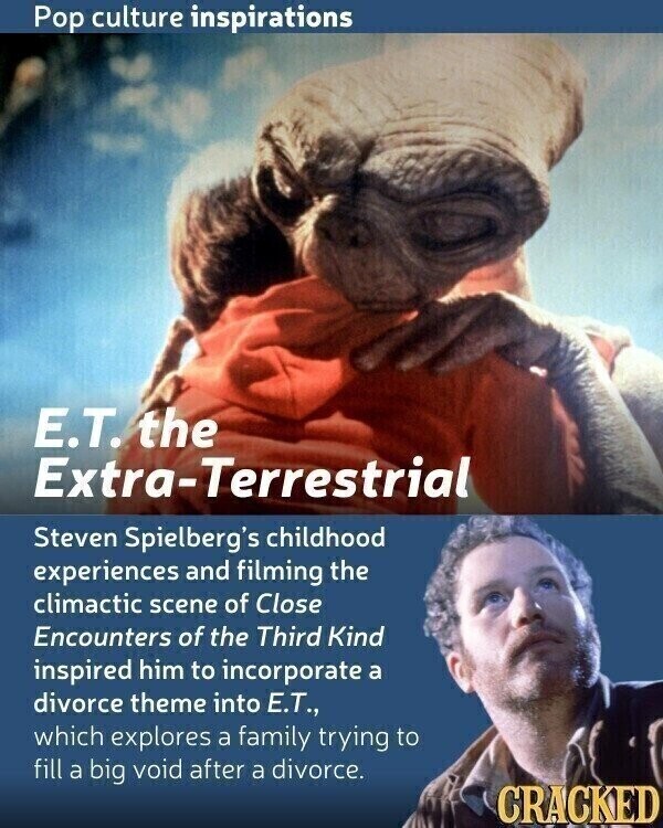 Pop culture inspirations E.T. the Extra-Terrestrial Steven Spielberg's childhood experiences and filming the climactic scene of Close Encounters of the Third Kind inspired him to incorporate a divorce theme into E.T., which explores a family trying to fill a big void after a divorce. CRACKED