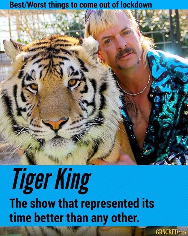Best/Worst things to come out of lockdown Tiger King The show that represented its time better than any other. CRACKED.COM
