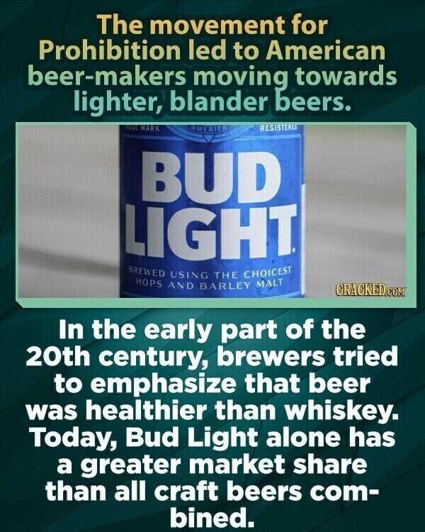 The movement for Prohibition led to American beer-makers moving towards lighter, blander beers. MARK REGISTERLU AMERIC BUD LIGHT BREWED USING THE CHOICEST HOPS AND BARLEY MALT CRACKED.COM In the early part of the 20th century, brewers tried to emphasize that beer was healthier than whiskey. Today, Bud Light alone has a greater market share than all craft beers com- bined.