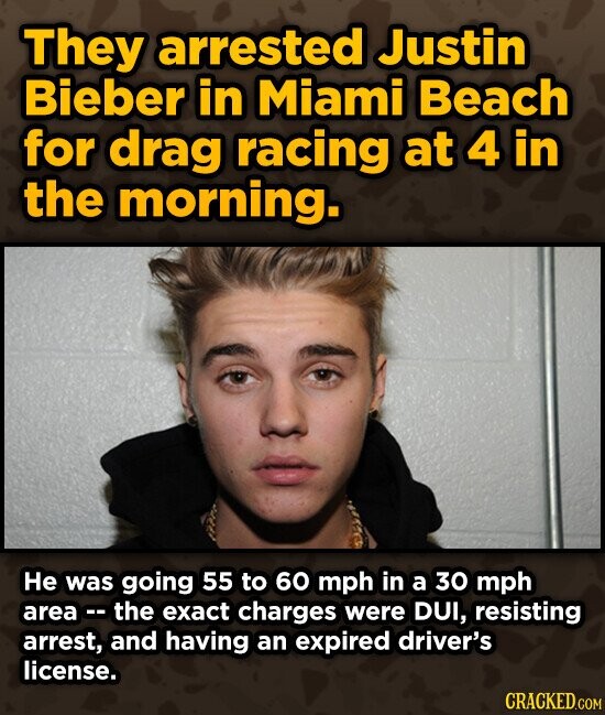 They arrested Justin Bieber in Miami Beach for drag racing at 4 in the morning. He was going 55 to 60 mph in a 30 mph area - the exact charges were DUI, resisting arrest, and having an expired driver's license. CRACKED.COM