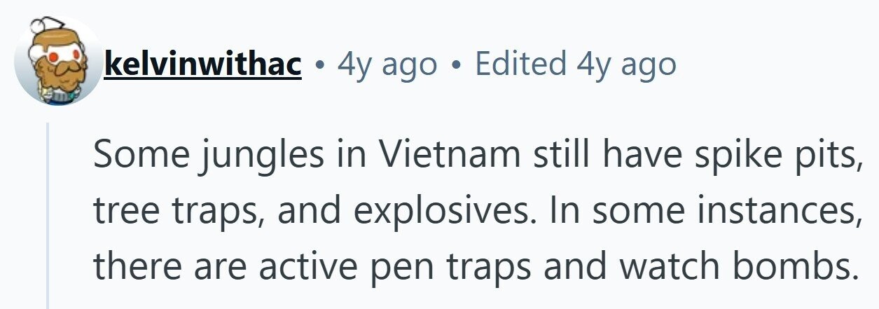 kelvinwithac 4y ago . Edited 4y ago Some jungles in Vietnam still have spike pits, tree traps, and explosives. In some instances, there are active pen traps and watch bombs.