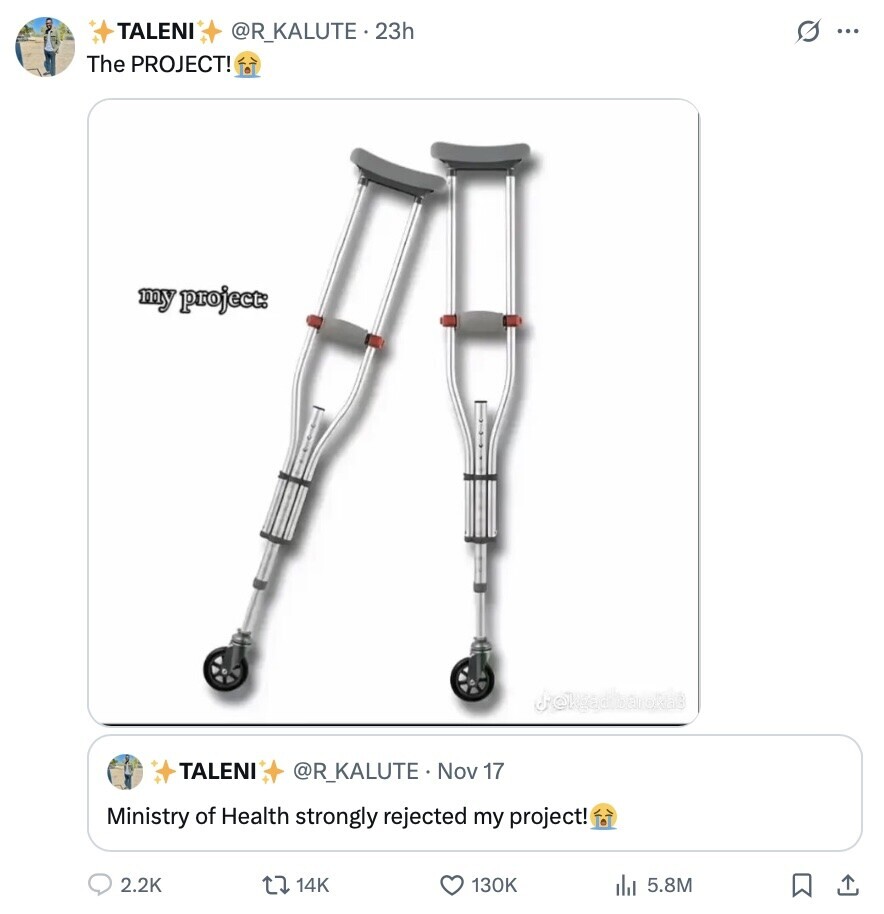 TALENI @R_KALUTE.23h s ... The PROJECT! my project: TALENI @R_KALUTE Nov 17 Ministry of Health strongly rejected my project! 2.2K 14K 130K 5.8M 