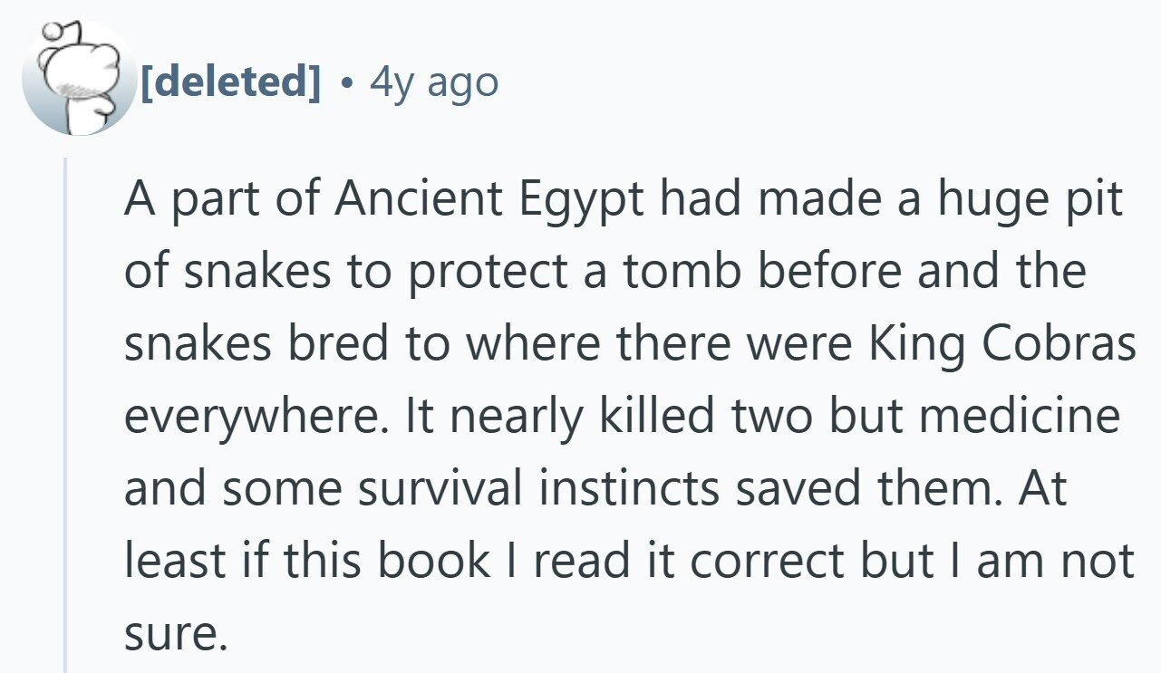 . 4y ago A part of Ancient Egypt had made a huge pit of snakes to protect a tomb before and the snakes bred to where there were King Cobras everywhere. It nearly killed two but medicine and some survival instincts saved them. At least if this book I read it correct but I am not sure.