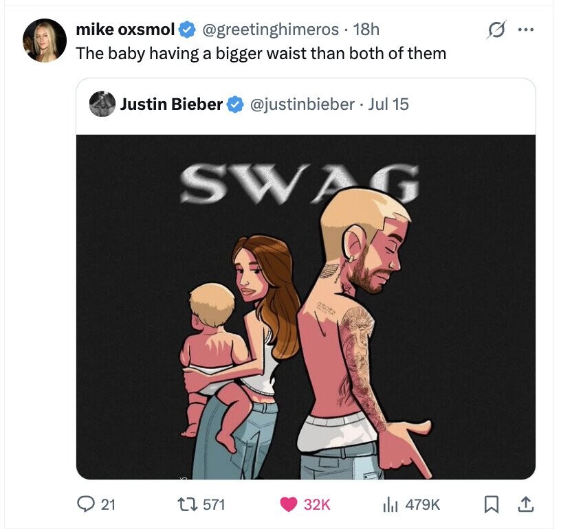 mike oxsmol s @greetinghimeros 18h ... The baby having a bigger waist than both of them Justin Bieber @justinbieber. 1 Jul 15 SWAG TOP 21 571 32K 479K