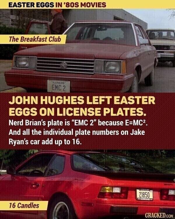 EASTER EGGS IN '80S MOVIES The Breakfast Club ILUNOIS EMC 2 JOHN HUGHES LEFT EASTER EGGS ON LICENSE PLATES. Nerd Brian's plate is EMC 2 because E=MC². And all the individual plate numbers on Jake Ryan's car add up to 16. - 21850 KORNAN 16 Candles CRACKED.COM