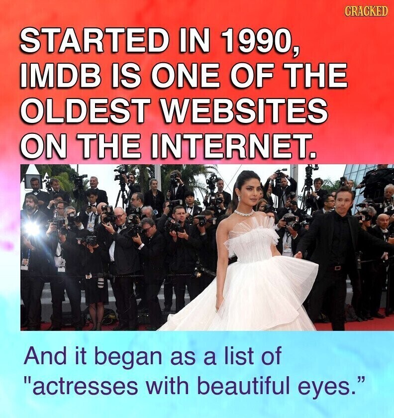 CRACKED STARTED IN 1990, IMDB IS ONE OF THE OLDEST WEBSITES ON THE INTERNET. And it began as a list of actresses with beautiful eyes.