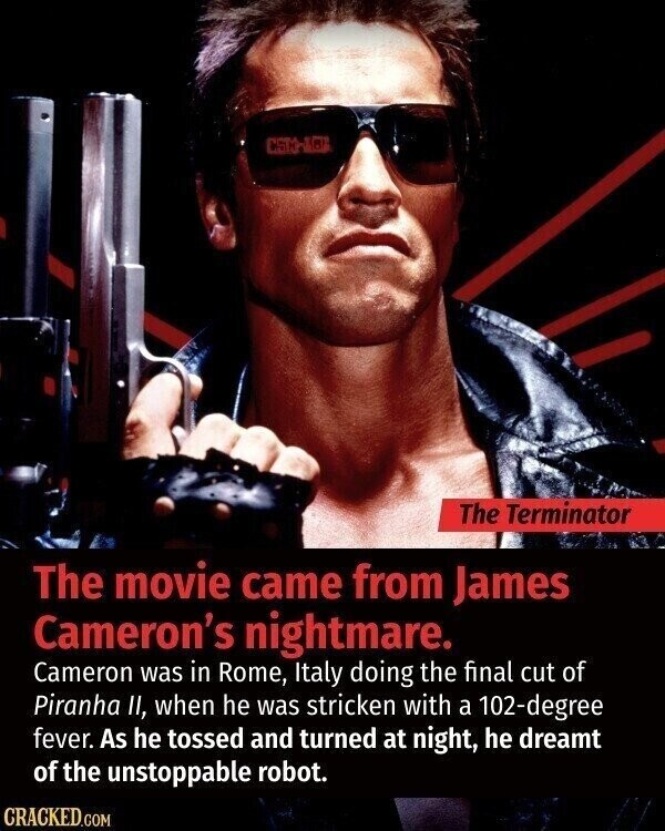 CST3-188 The Terminator The movie came from James Cameron's nightmare. Cameron was in Rome, Italy doing the final cut of Piranha II, when he was stricken with a 102-degree fever. As he tossed and turned at night, he dreamt of the unstoppable robot. CRACKED.COM