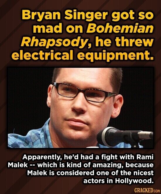 Bryan Singer got SO mad on Bohemian Rhapsody, he threw electrical equipment. Apparently, he'd had a fight with Rami Malek -- which is kind of amazing, because Malek is considered one of the nicest actors in Hollywood. CRACKED.COM