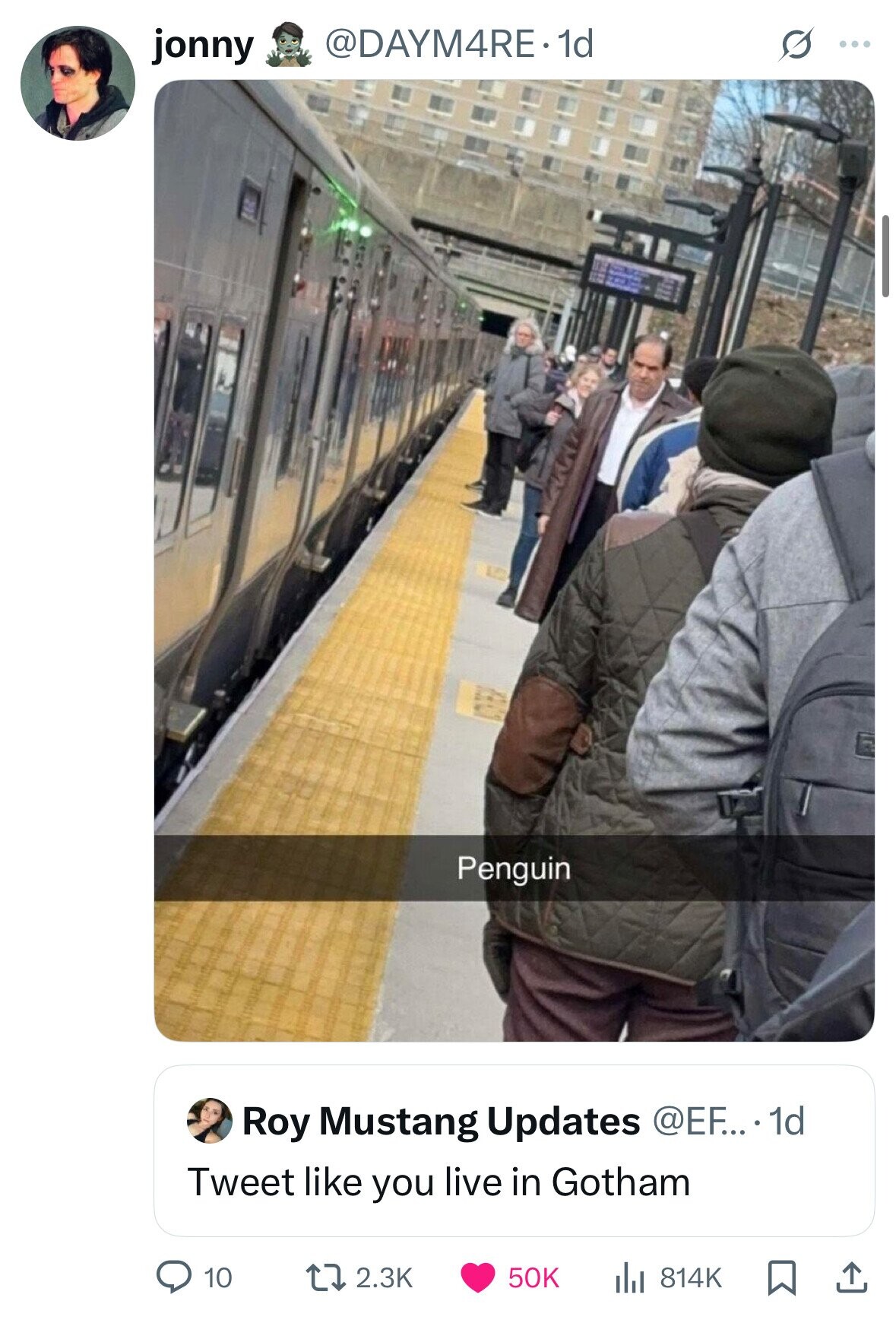 jonny @DAYM4RE.1d G ... Penguin Roy Mustang Updates @EF....1d Tweet like you live in Gotham 10 2.3K 50K 814K 