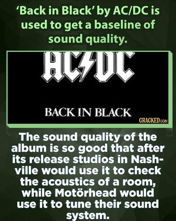 'Back in Black' by AC/DC is used to get a baseline of sound quality. HC/DC BACK IN BLACK CRACKED.COM The sound quality of the album is so good that after its release studios in Nash- ville would use it to check the acoustics of a room, while Motörhead would use it to tune their sound system.