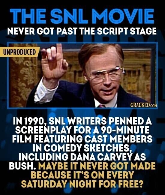THE SNL MOVIE NEVER GOT PAST THE SCRIPT STAGE UNPRODUCED CRACKED.COM IN 1990, SNL WRITERS PENNED A SCREENPLAY FOR A 90-MINUTE FILM FEATURING CAST MEMBERS IN COMEDY SKETCHES, INCLUDING DANA CARVEY AS BUSH. MAYBE IT NEVER GOT MADE BECAUSE IT'S ON EVERY SATURDAY NIGHT FOR FREE?