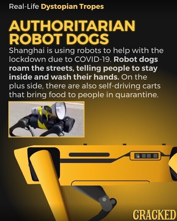 Real-Life Dystopian Tropes AUTHORITARIAN ROBOT DOGS Shanghai is using robots to help with the lockdown due to COVID-19. Robot dogs roam the streets, telling people to stay inside and wash their hands. On the plus side, there are also self-driving carts that bring food to people in quarantine. CRACKED