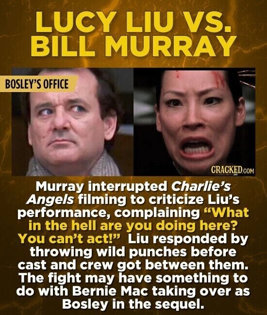 LUCY LIU vs. BILL MURRAY BOSLEY'S OFFICE CRACKED.COM Murray interrupted Charlie's Angels filming to criticize Liu's performance, complaining What in the hell are you doing here? You can't act! Liu responded by throwing wild punches before cast and crew got between them. The fight may have something to do with Bernie Mac taking over as Bosley in the sequel.