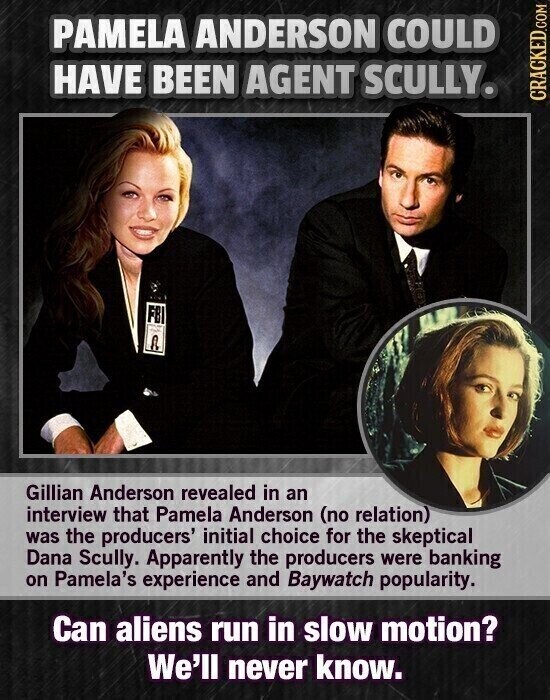 PAMELA ANDERSON COULD HAVE BEEN AGENT SCULLY. CRACKED.COM FBI Gillian Anderson revealed in an interview that Pamela Anderson (no relation) was the producers' initial choice for the skeptical Dana Scully. Apparently the producers were banking on Pamela's experience and Baywatch popularity. Can aliens run in slow motion? We'll never know.