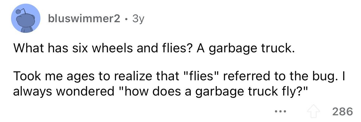 bluswimmer2. . 3y What has six wheels and flies? A garbage truck. Took me ages to realize that flies referred to the bug. I always wondered how does a garbage truck fly? ... 286